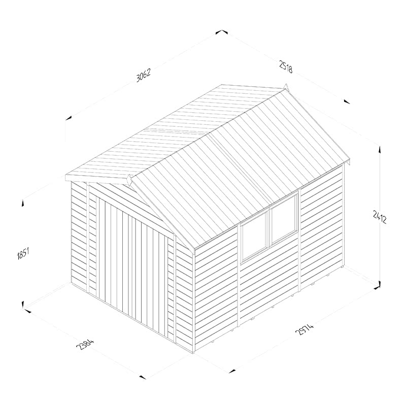 10' x 8' Forest Timberdale 25yr Guarantee Tongue & Groove Pressure Treated Double Door Apex Shed (3.06m x 2.52m) Technical Drawing