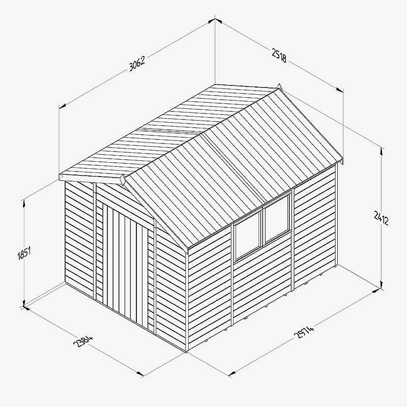 10' x 8' Forest Timberdale 25yr Guarantee Tongue & Groove Pressure Treated Apex Shed (3.06m x 2.52m) Technical Drawing