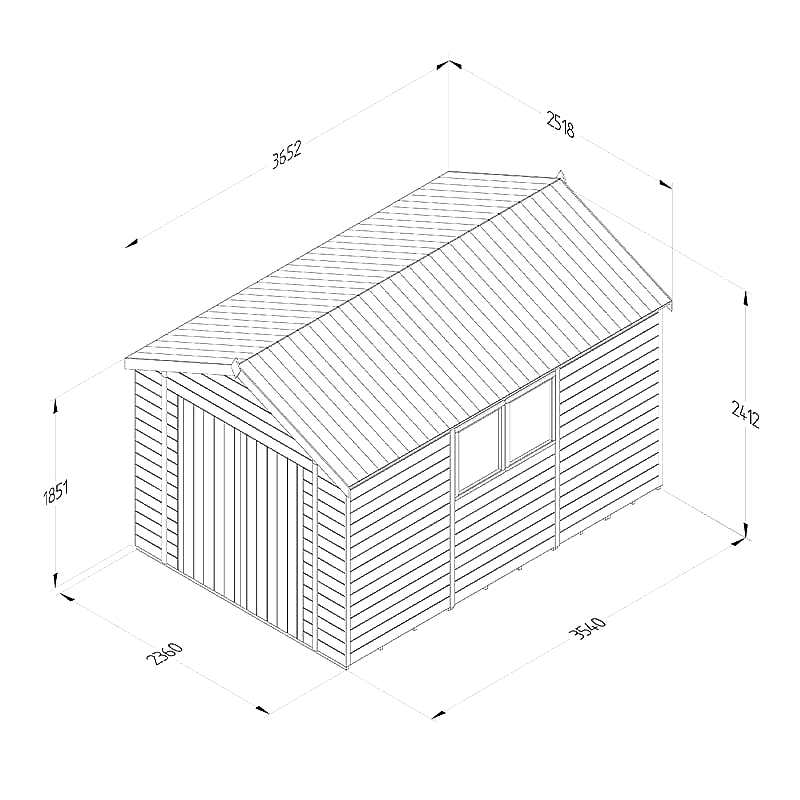 12' x 8' Forest Timberdale 25yr Guarantee Tongue & Groove Pressure Treated Double Door Apex Shed (3.65m x 2.52m) Technical Drawing