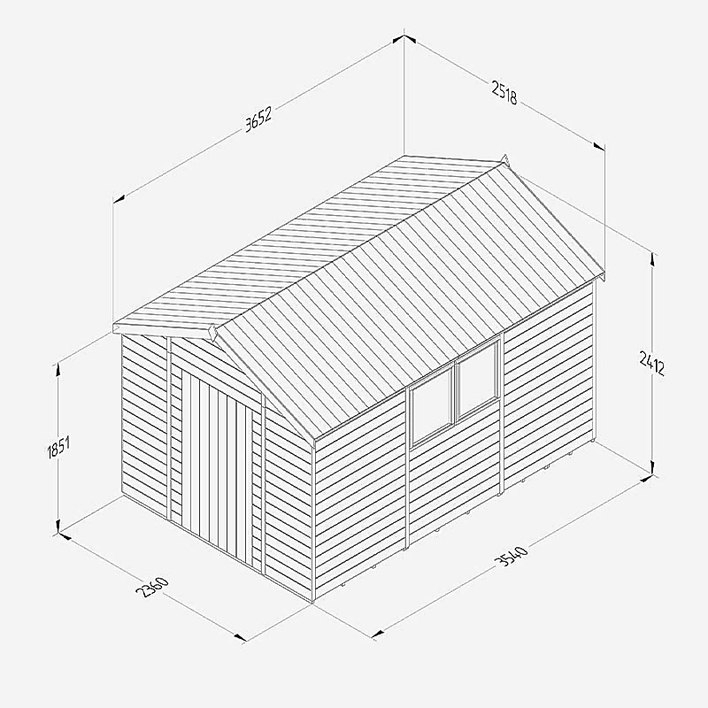 12' x 8' Forest Timberdale 25yr Guarantee Tongue & Groove Pressure Treated Apex Shed (3.65m x 2.52m) Technical Drawing