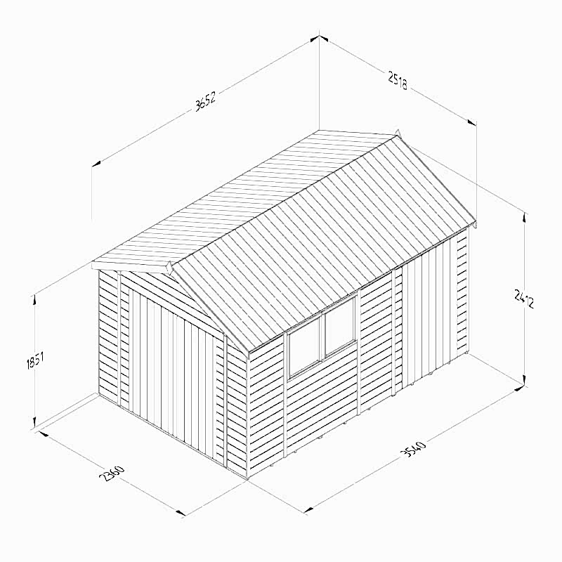 12' x 8' Forest Timberdale 25yr Guarantee Tongue & Groove Pressure Treated Double Door Combination Apex Shed (3.65m x 2.52m) Technical Drawing