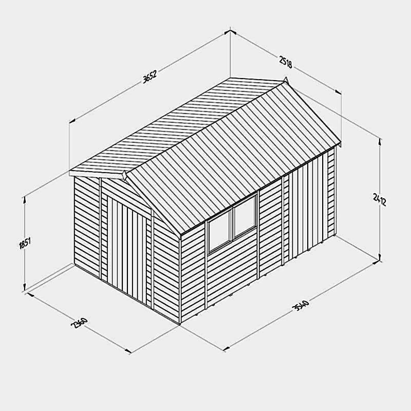 12' x 8' Forest Timberdale 25yr Guarantee Tongue & Groove Pressure Treated Combination Apex Shed (3.65m x 2.52m) Technical Drawing