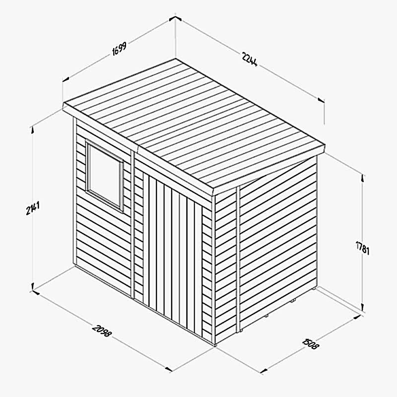 7' x 5' Forest Timberdale 25yr Guarantee Tongue & Groove Pressure Treated Pent Shed (2.24m x 1.7m) Technical Drawing