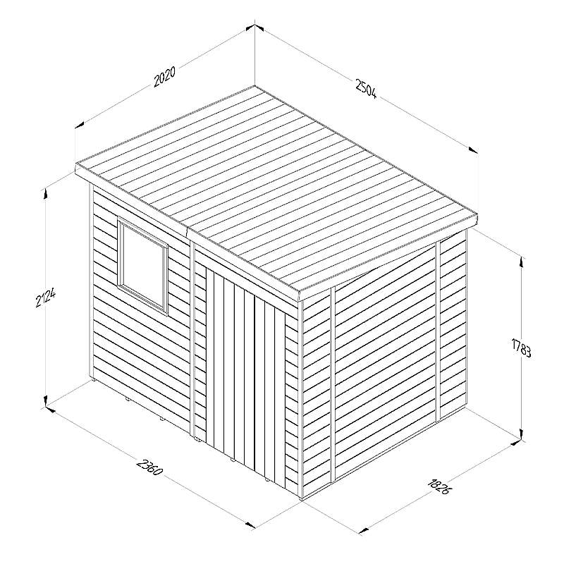 8' x 6' Forest Timberdale 25yr Guarantee Tongue & Groove Pressure Treated Pent Shed (2.5m x 2.02m) Technical Drawing