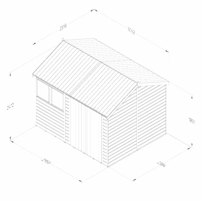 10' x 8' Forest Timberdale 25yr Guarantee Tongue & Groove Pressure Treated Double Door Reverse Apex Shed (3.06m x 2.52m) Technical Drawing