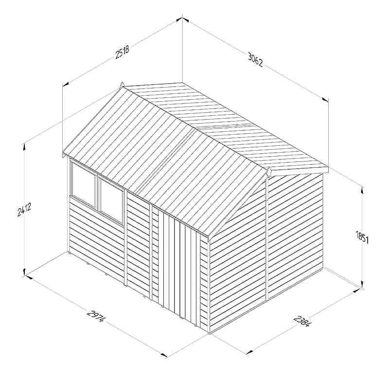 10' x 8' Forest Timberdale 25yr Guarantee Tongue & Groove Pressure Treated Reverse Apex Shed (3.06m x 2.52m) Technical Drawing