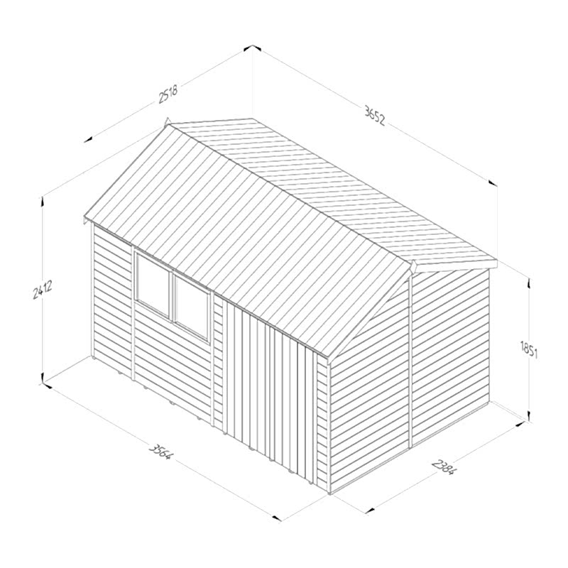 12' x 8' Forest Timberdale 25yr Guarantee Tongue & Groove Pressure Treated Double Door Reverse Apex Shed (3.65m x 2.52m) Technical Drawing