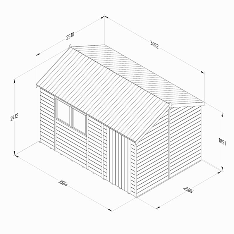 12' x 8' Forest Timberdale 25yr Guarantee Tongue & Groove Pressure Treated Reverse Apex Shed (3.65m x 2.52m) Technical Drawing