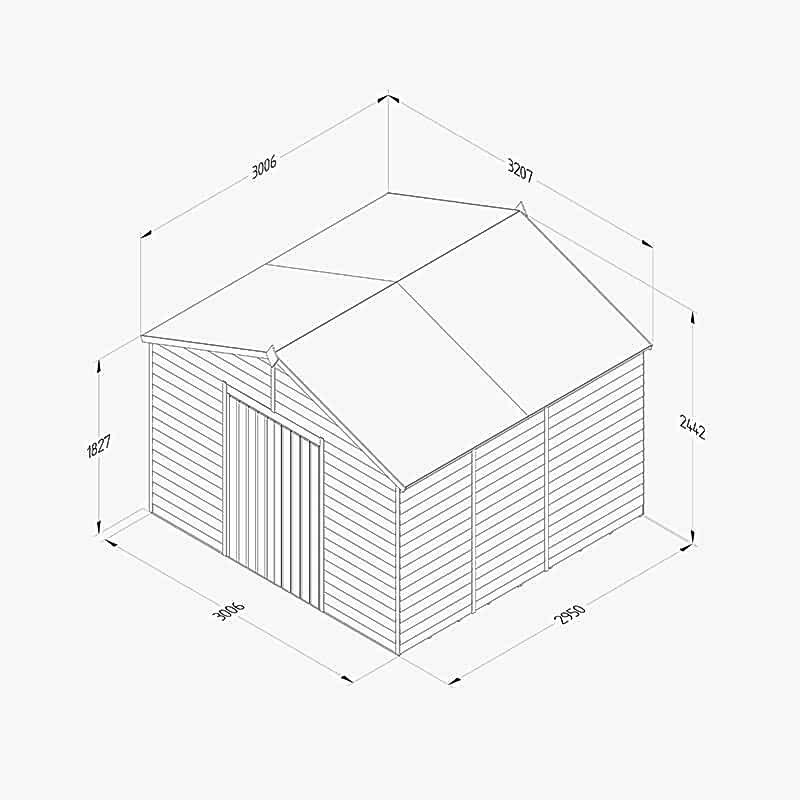 10' x 10' Forest 4Life 25yr Guarantee Overlap Pressure Treated Windowless Double Door Apex Wooden Shed (3.21m x 3.01m) Technical Drawing