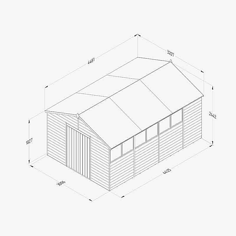 15' x 10' Forest 4Life 25yr Guarantee Overlap Pressure Treated Double Door Apex Wooden Shed (3.21m x 4.48m) Technical Drawing