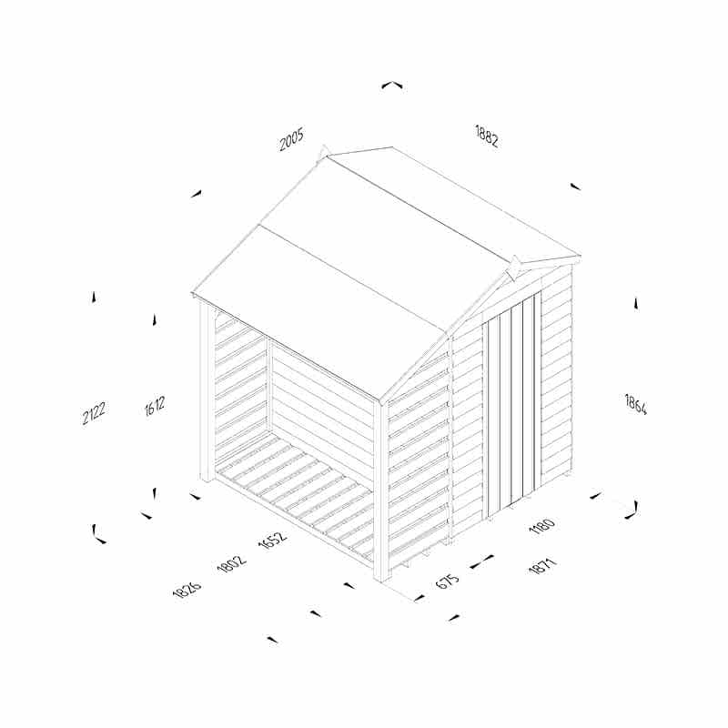 6' x 4' Forest 4Life 25yr Guarantee Overlap Pressure Treated Apex Wooden Shed with Logstore (1.88m x 2m) Technical Drawing