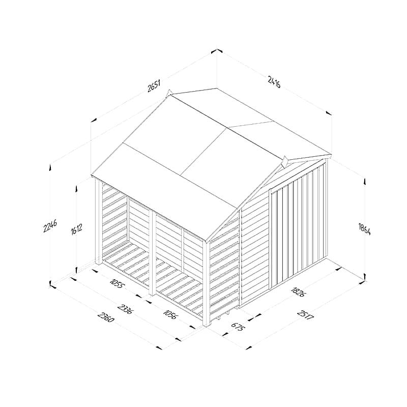 8' x 6' Forest 4Life 25yr Guarantee Overlap Pressure Treated Double Door Apex Wooden Shed with Logstore (2.42m x 2.64m) Technical Drawing