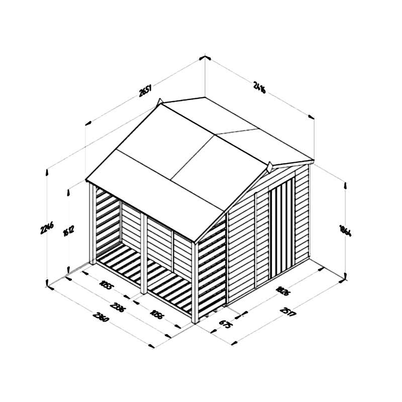 8' x 6' Forest 4Life 25yr Guarantee Overlap Pressure Treated Windowless Apex Wooden Shed with Logstore (2.42m x 2.64m) Technical Drawing