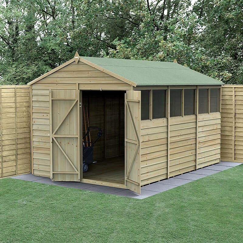12' x 8' Forest 4Life 25yr Guarantee Overlap Pressure Treated Double Door Apex Wooden Shed (3.6m x 2.61m)