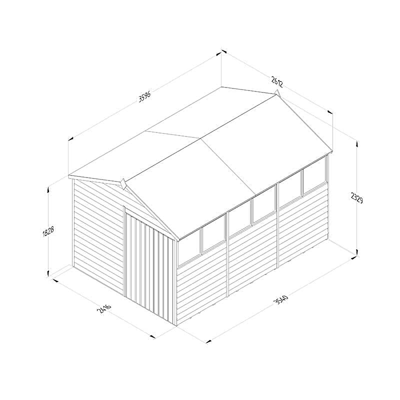 12' x 8' Forest 4Life 25yr Guarantee Overlap Pressure Treated Double Door Apex Wooden Shed (3.6m x 2.61m) Technical Drawing