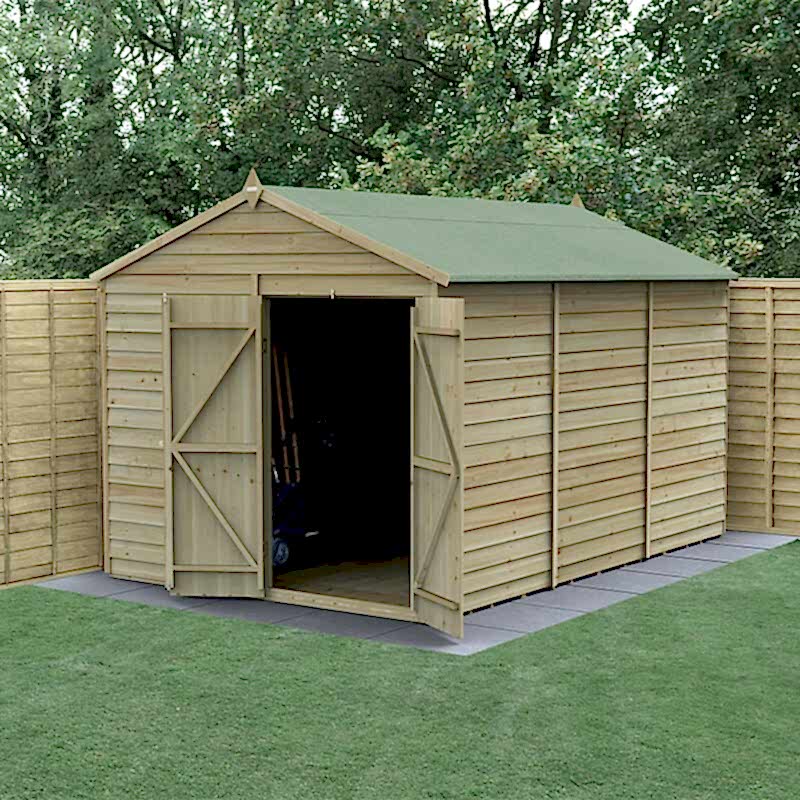 12' x 8' Forest 4Life 25yr Guarantee Overlap Pressure Treated Windowless Double Door Apex Wooden Shed (3.6m x 2.61m)