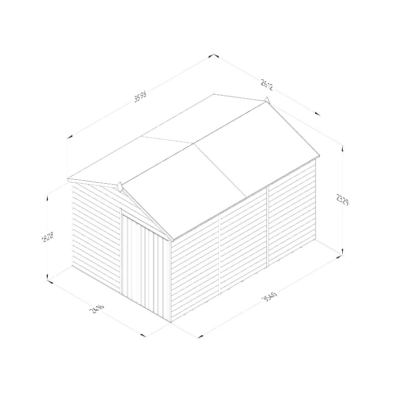 12' x 8' Forest 4Life 25yr Guarantee Overlap Pressure Treated Windowless Double Door Apex Wooden Shed (3.6m x 2.61m) Technical Drawing
