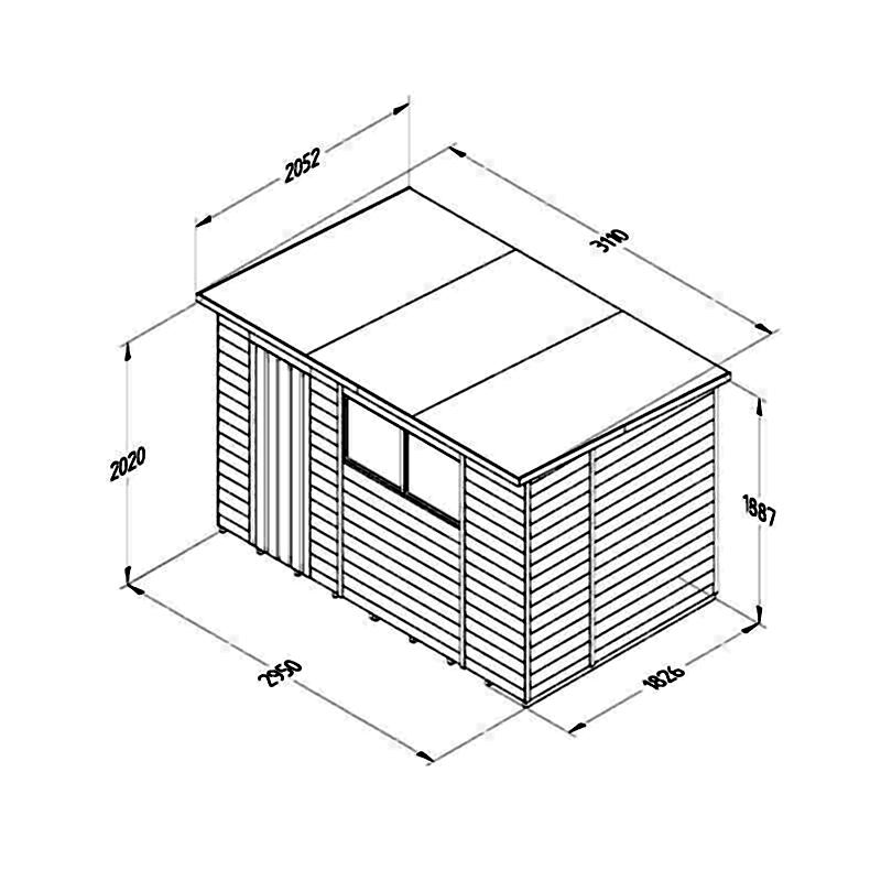 10' x 6' Forest 4Life 25yr Guarantee Overlap Pressure Treated Pent Wooden Shed (3.11m x 2.05m) Technical Drawing