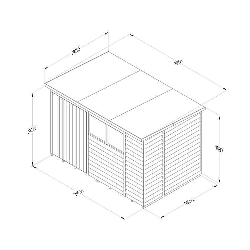 10' x 6' Forest 4Life 25yr Guarantee Overlap Pressure Treated Double Door Pent Wooden Shed (3.11m x 2.04m) Technical Drawing