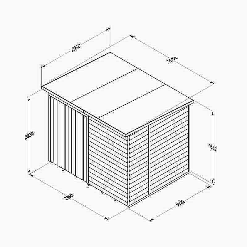 8' x 6' Forest 4Life 25yr Guarantee Overlap Pressure Treated Windowless Double Door Pent Wooden Shed (2.51m x 2.04m) Technical Drawing