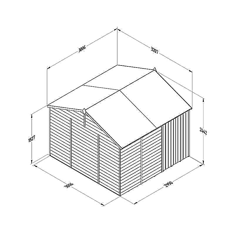 10' x 10' Forest 4Life 25yr Guarantee Overlap Pressure Treated Windowless Double Door Reverse Apex Wooden Shed (3.21m x 3.01m) Technical Drawing