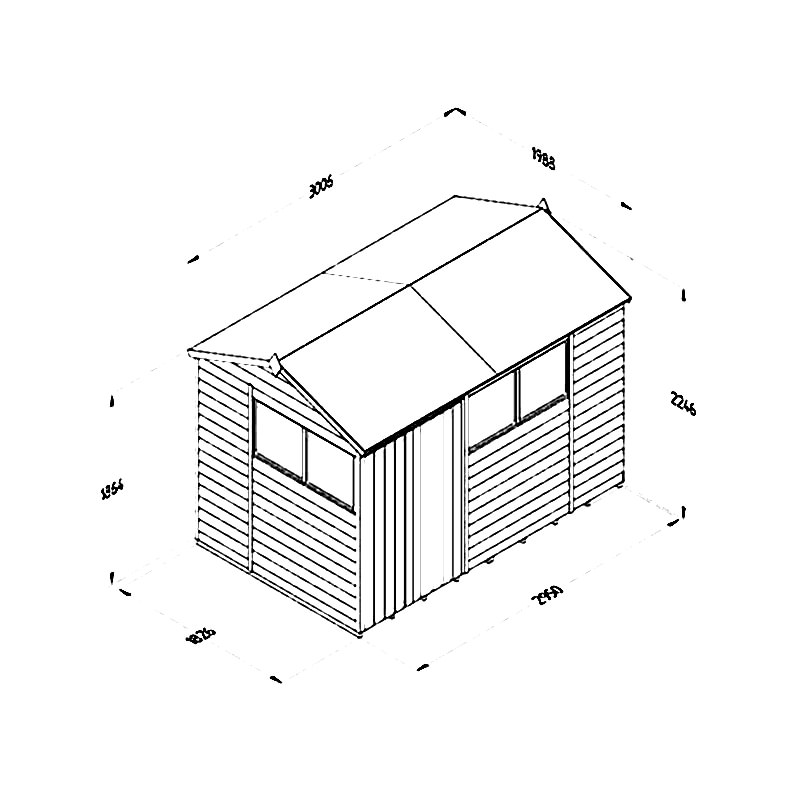 10' x 6' Forest 4Life 25yr Guarantee Overlap Pressure Treated Double Door Reverse Apex Wooden Shed - 4 Windows (3.01m x 1.99m) Technical Drawing