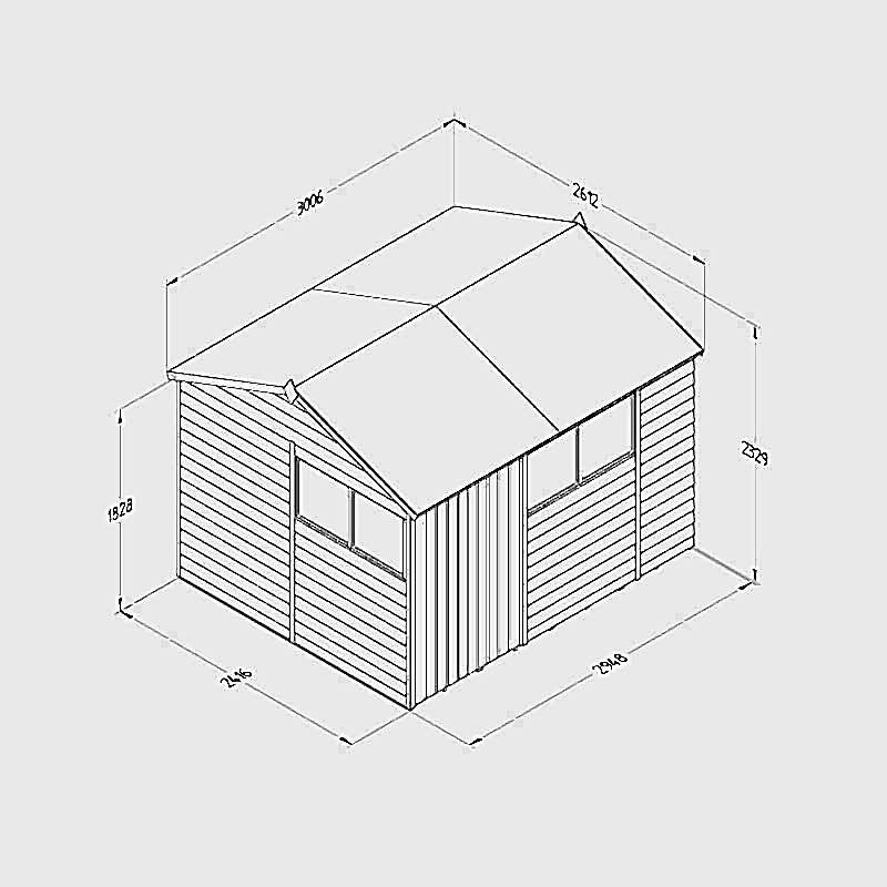 10' x 8' Forest 4Life 25yr Guarantee Overlap Pressure Treated Double Door Reverse Apex Wooden Shed - 4 Windows (3.01m x 2.61m) Technical Drawing
