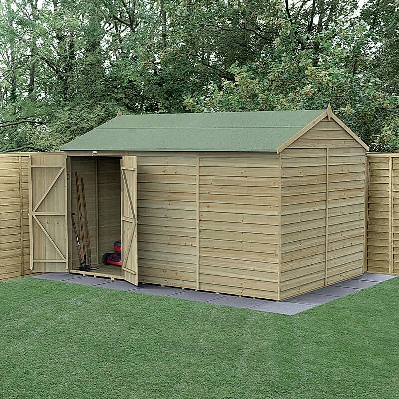 12' x 8' Forest 4Life 25yr Guarantee Overlap Pressure Treated Windowless Double Door Reverse Apex Wooden Shed (3.6m x 2.61m)