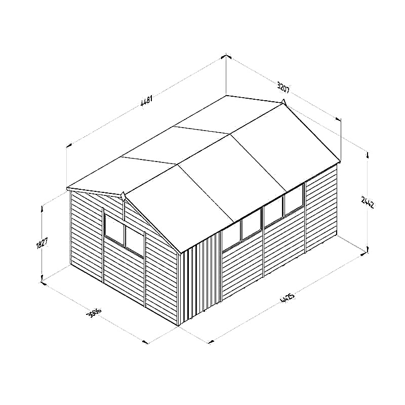 15' x 10' Forest 4Life 25yr Guarantee Overlap Pressure Treated Double Door Apex Wooden Shed - 6 Windows (4.48m x 3.21m) Technical Drawing