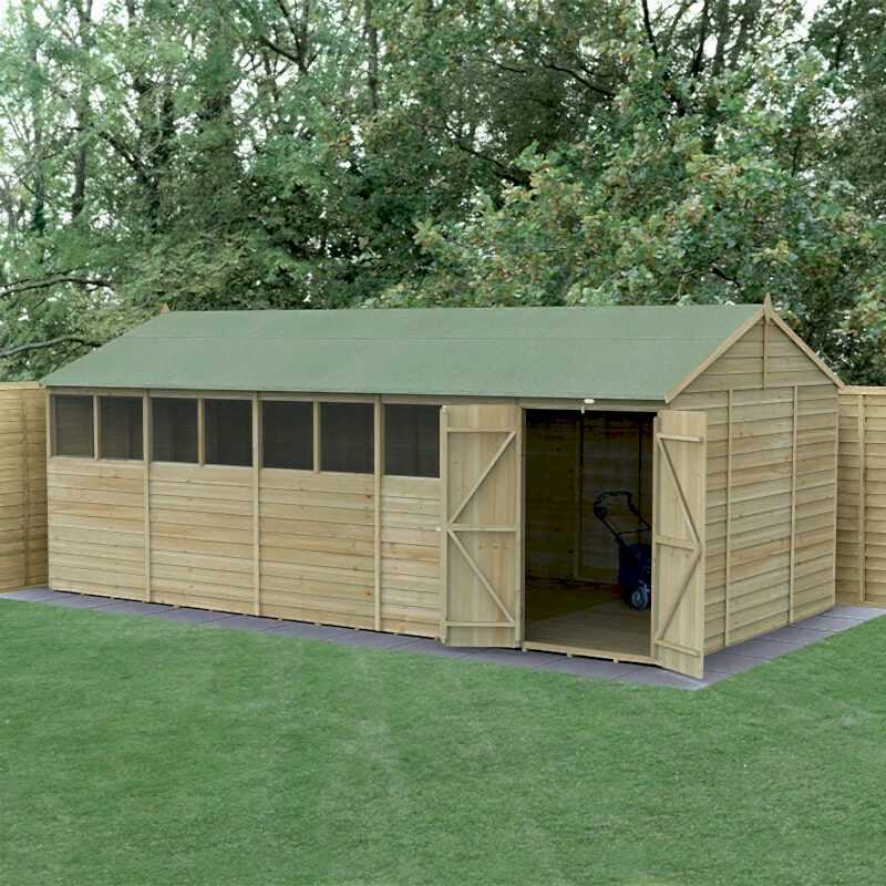 20' x 10' Forest 4Life 25yr Guarantee Overlap Pressure Treated Double Door Reverse Apex Wooden Shed - 8 Windows (5.96m x 3.21m)