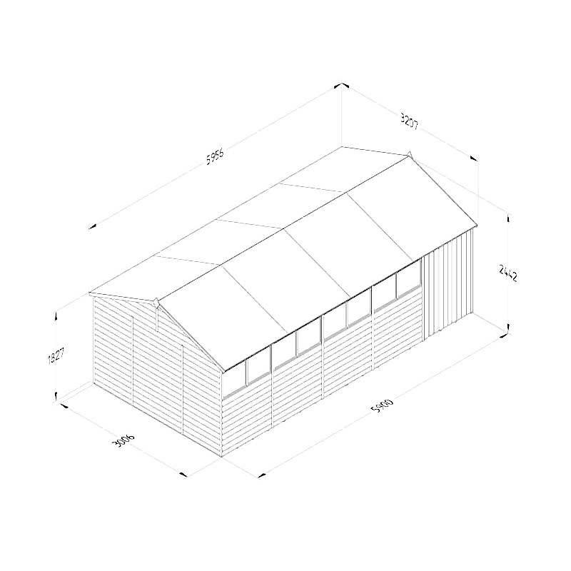 20' x 10' Forest 4Life 25yr Guarantee Overlap Pressure Treated Double Door Reverse Apex Wooden Shed - 8 Windows (5.96m x 3.21m) Technical Drawing