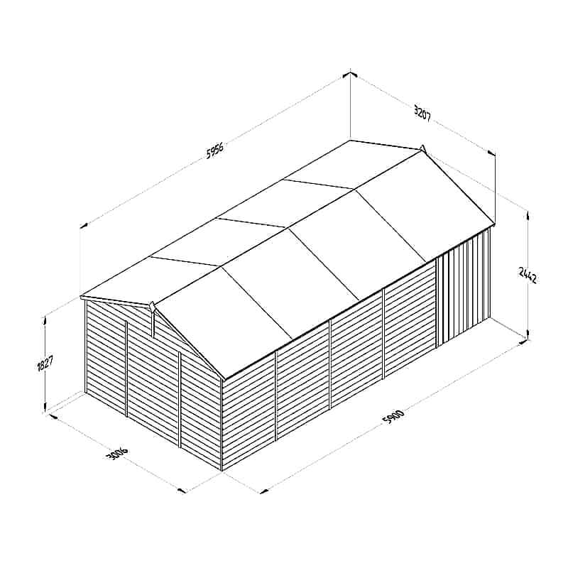 20' x 10' Forest 4Life 25yr Guarantee Overlap Pressure Treated Windowless Double Door Reverse Apex Wooden Shed (5.96m x 3.21m) Technical Drawing