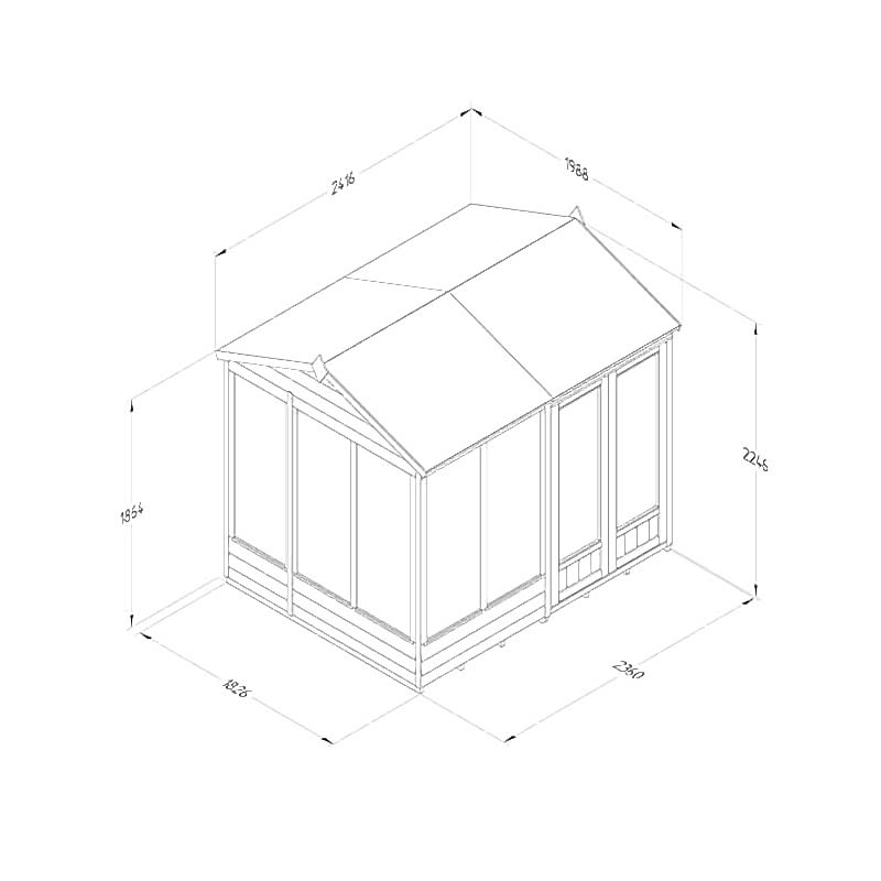 8' x 6' Forest 4Life 25yr Guarantee Double Door Reverse Apex Summer House (2.42m x 1.99m) Technical Drawing