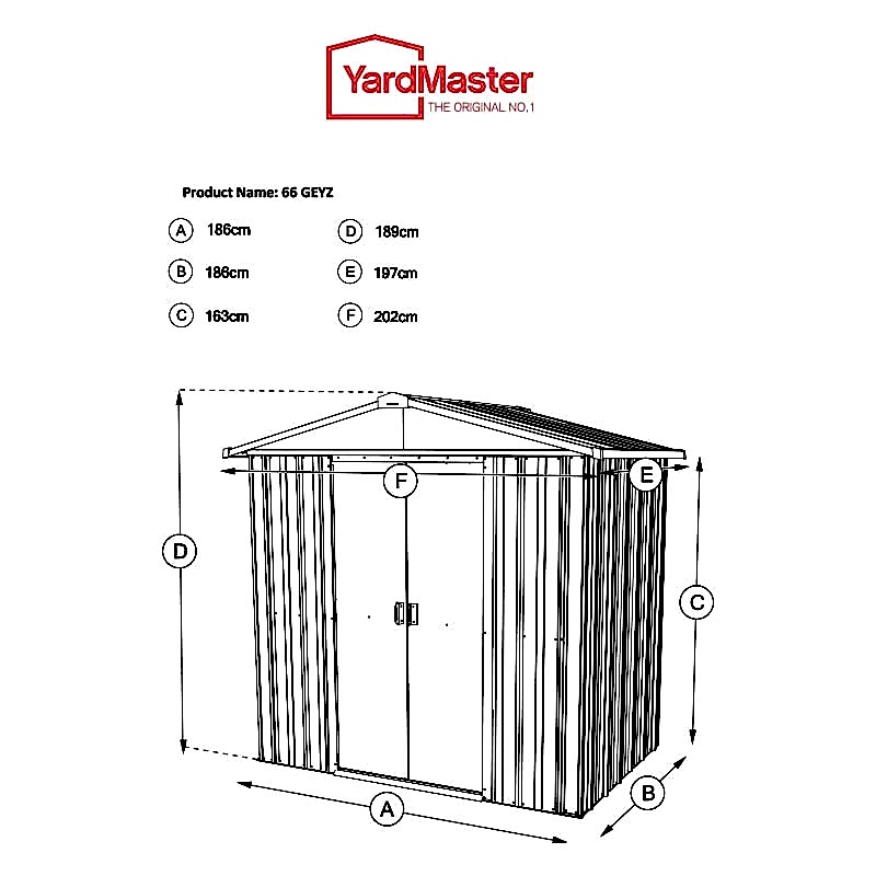 6'8 x 6'6' Yardmaster Green Metal Shed (2.02m x 1.97m) Technical Drawing