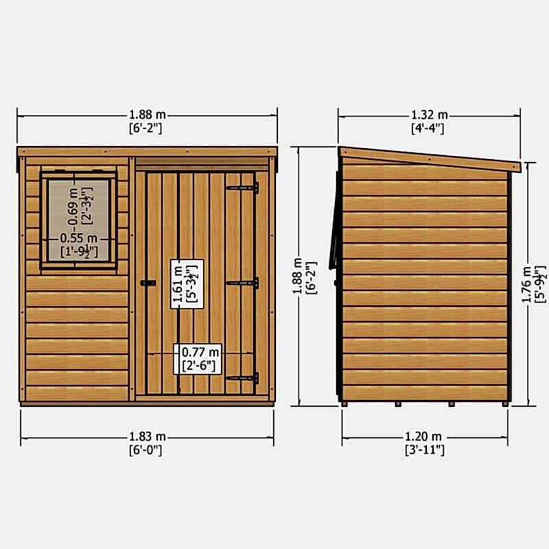 6' x 4' Traditional Standard Shiplap Pent Wooden Shed (1.83m x 1.22m) Technical Drawing