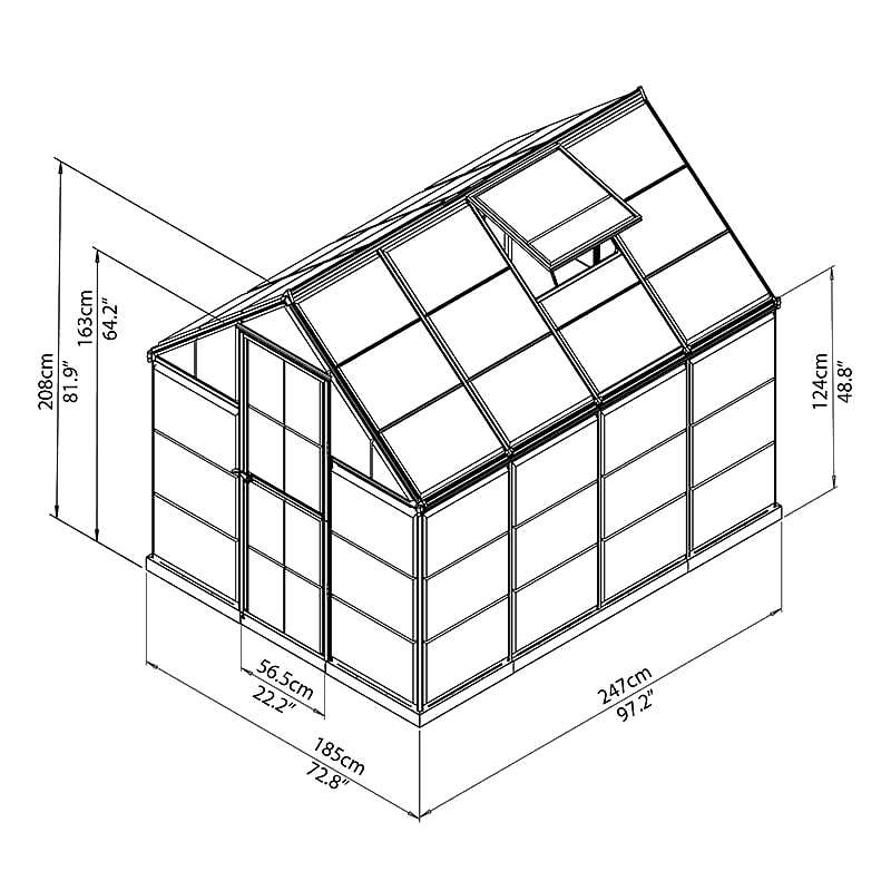 6’ x 8’ Palram Canopia Harmony Walk In Silver Polycarbonate Greenhouse (1.85m x 2.47m) Technical Drawing