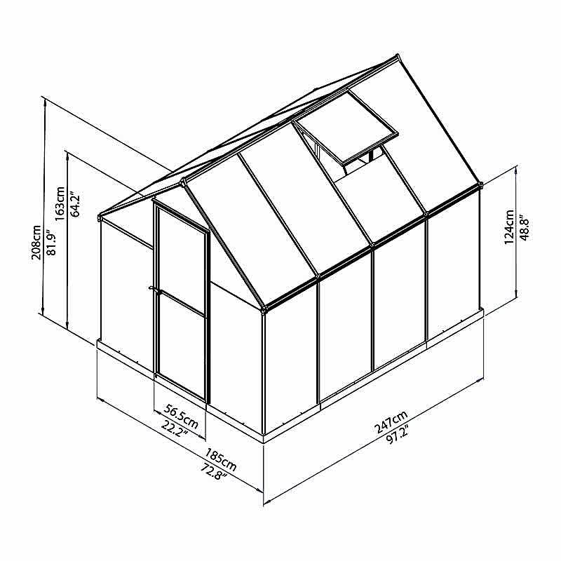 6x8 Palram Canopia Mythos Silver Polycarbonate Greenhouse - TwinWall Technical Drawing