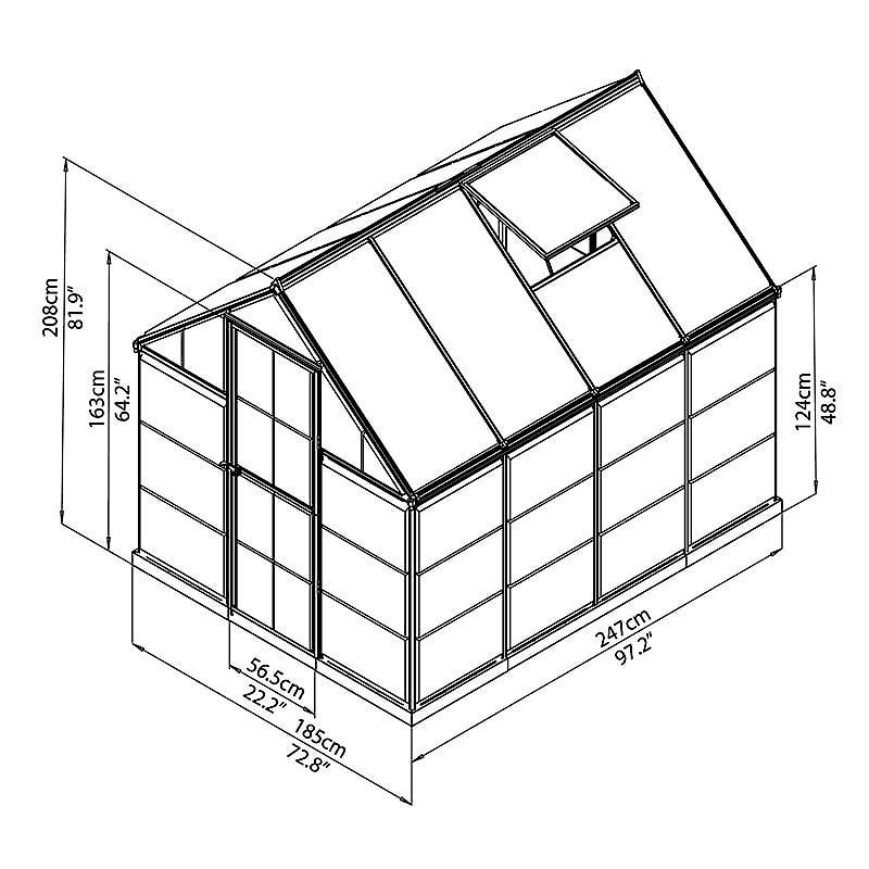 6' x 8' Palram Canopia Hybrid Walk In Silver Polycarbonate Greenhouse (1.85m x 2.47m) Technical Drawing
