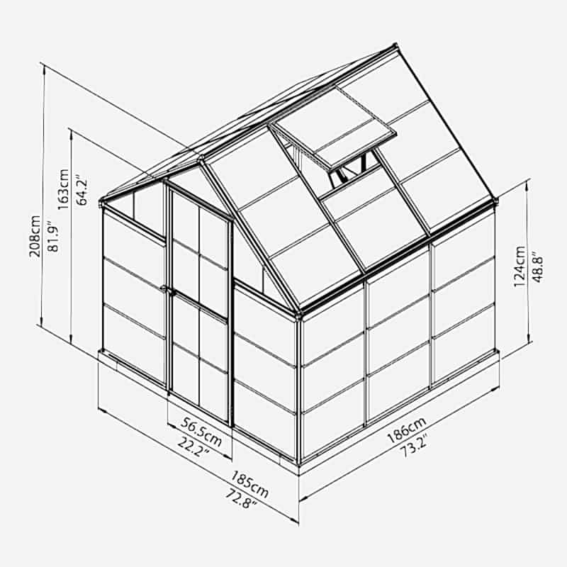 6’ x 6’ Palram Canopia Harmony Silver Polycarbonate Greenhouse (1.85m x 1.86m) Technical Drawing
