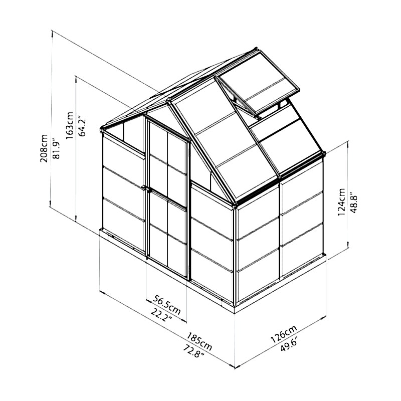 6’ x 4’ Palram Canopia Harmony Silver Polycarbonate Greenhouse (1.85m x 1.26m) Technical Drawing