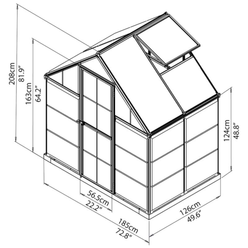 6' x 4' Palram Canopia Hybrid Green Polycarbonate Greenhouse (1.85m x 1.26m) Technical Drawing