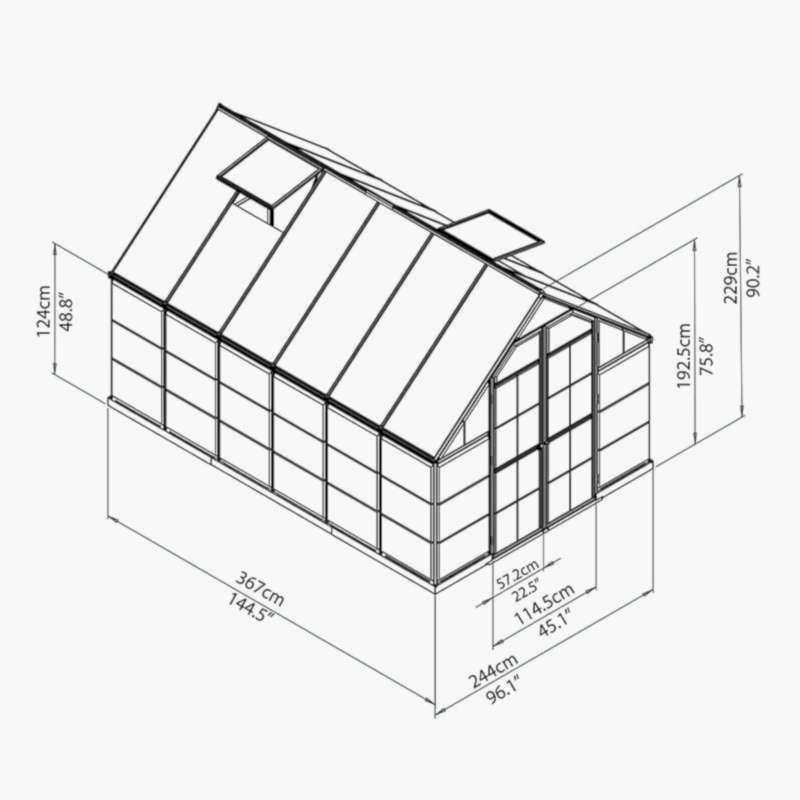 8x12 Palram Canopia Balance Silver Greenhouse Technical Drawing