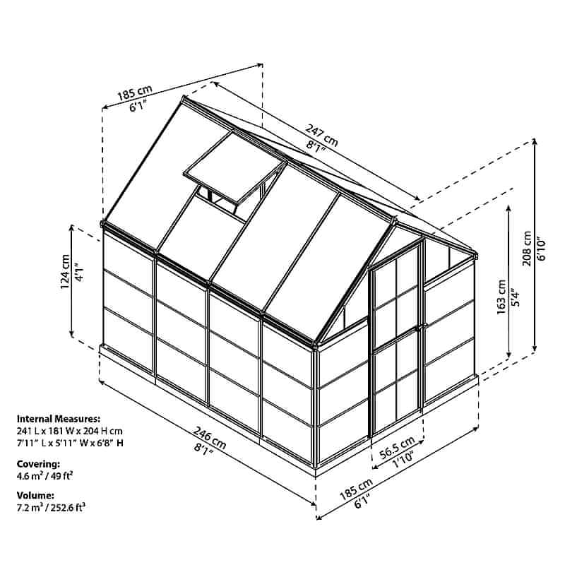 6' x 8' Palram Canopia Hybrid Walk In Grey Polycarbonate Greenhouse (1.85m x 2.47m) Technical Drawing