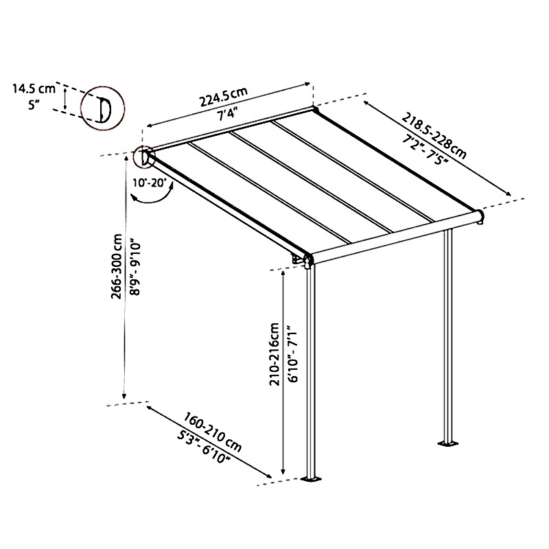 7' x 7' Palram Canopia Sierra Grey Clear Patio Cover (2.28m x 2.25m) Technical Drawing