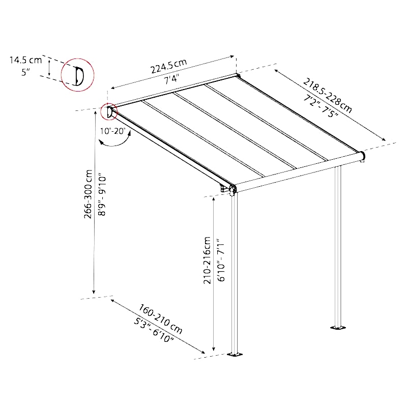 7' x 7' Palram Canopia Sierra White Clear Patio Cover (2.28m x 2.25m) Technical Drawing