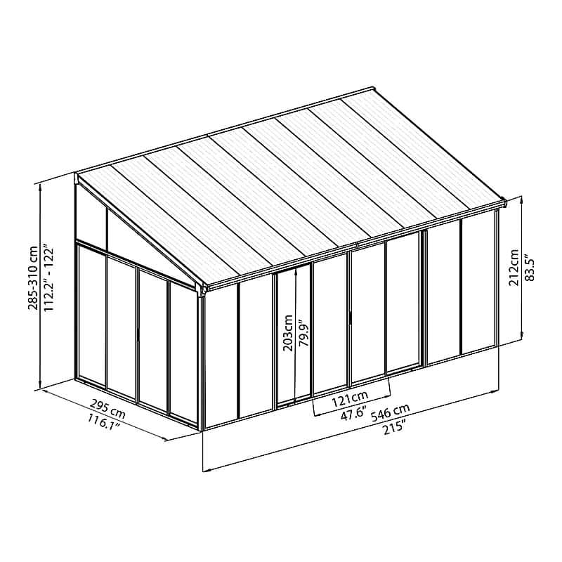 10x18 Palram Canopia SanRemo White Lean-To Conservatory Technical Drawing