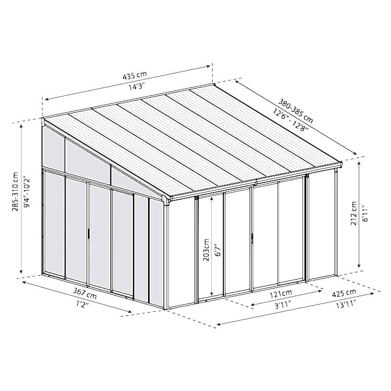 12' x 14' Palram Canopia San Remo White Lean To Conservatory (3.80m x 4.35m) Technical Drawing