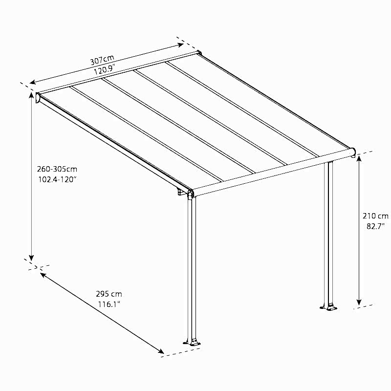 10x10 Palram Canopia Olympia Grey Patio Cover With Clear Panels Technical Drawing