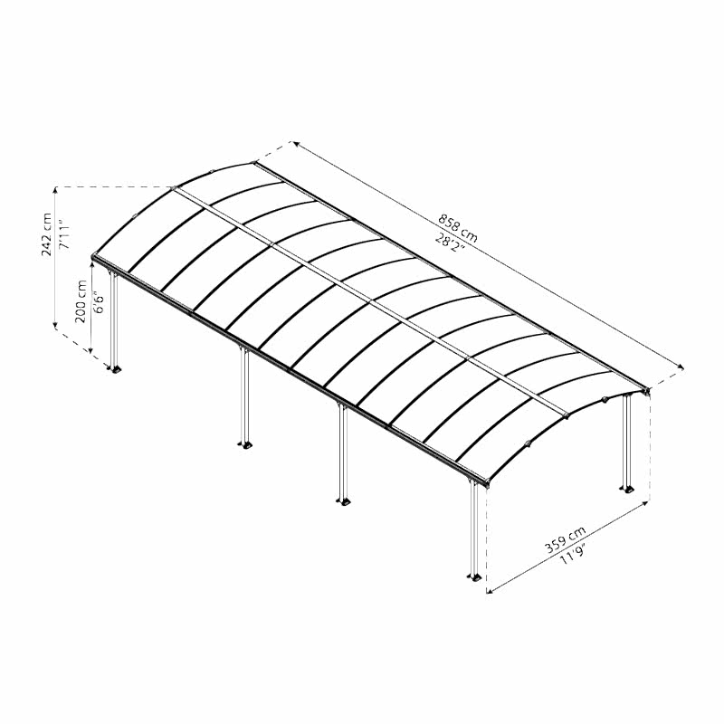 12' x 28' Palram Canopia Arcadia 8500 Grey Metal Carport (3.59m x 8.58m) Technical Drawing