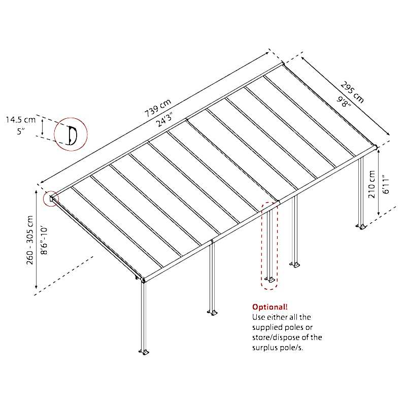 10' x 24' Palram Canopia Olympia White Patio Cover with Clear Panels (2.95m x 7.39m) Technical Drawing